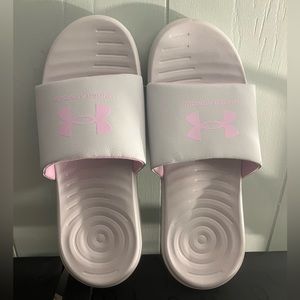 Women’s Under Armour Slide on Sandals, White with Pink Writing, Size 11